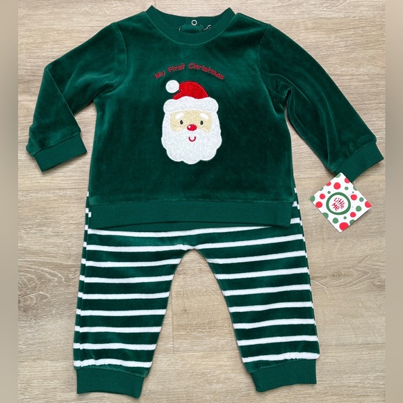 Little Me 2 Piece Pant Set “My First Christmas” Santa Velour Green - Picture 2 of 8